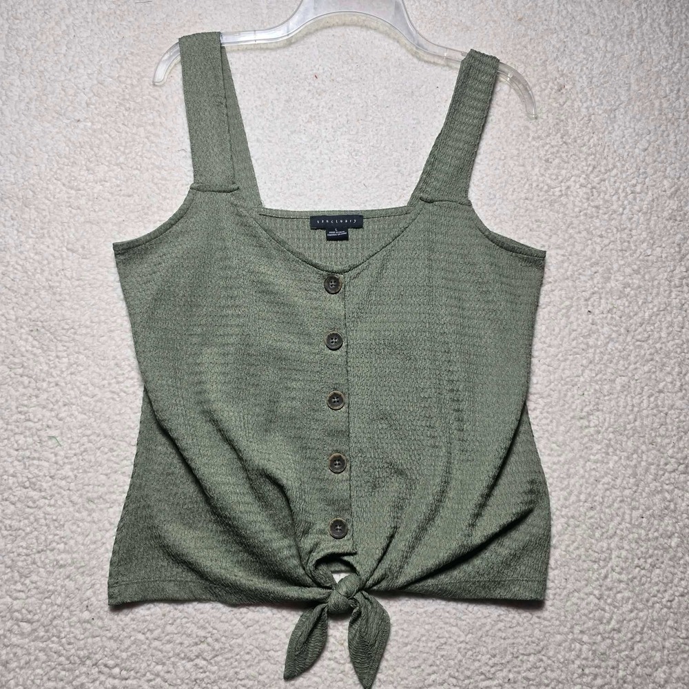 Sanctuary Womens Olive Green Textured Button Front Tie Hem Tank Top Large